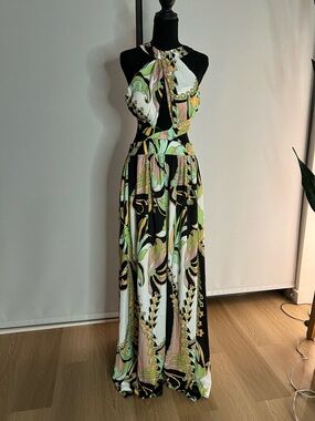 Hot Miami Styles Black Maxi Dress with Pastel Green, Pink & Gold Print